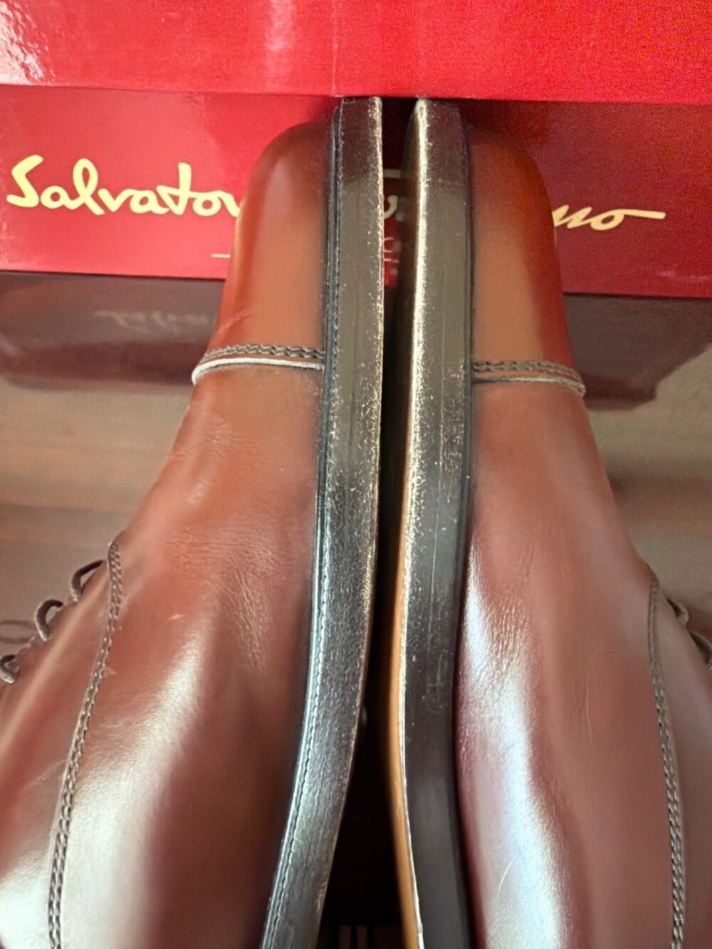 VTG Salvatore Ferragamo "Torre" Men's Tan Leather Cap Toe Oxfords Sz 10 w/Box - Picture 8 of 16